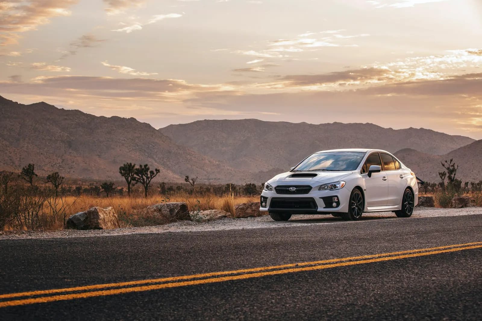 White sedan parked on a desert highway at dusk, with mountains and Joshua trees behind it